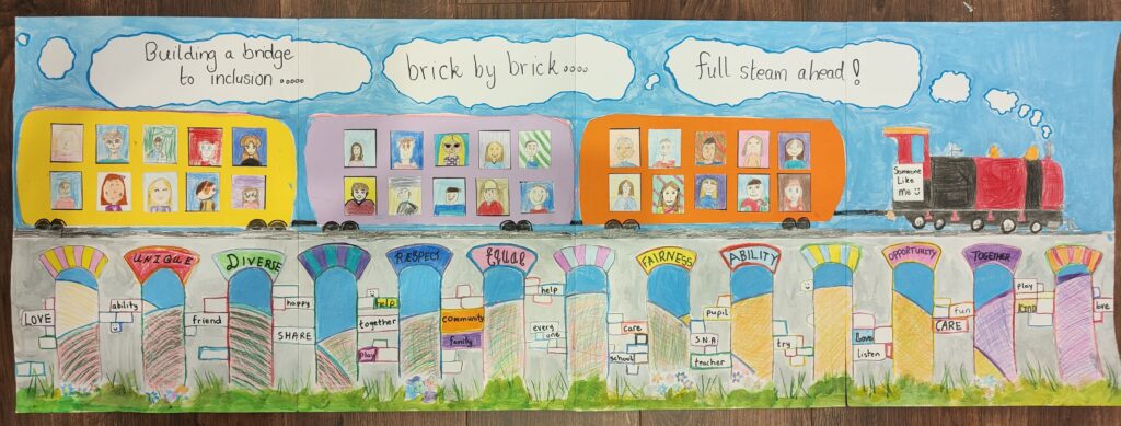A piece of paper with a child's colorful drawing of a train and positive disability messages