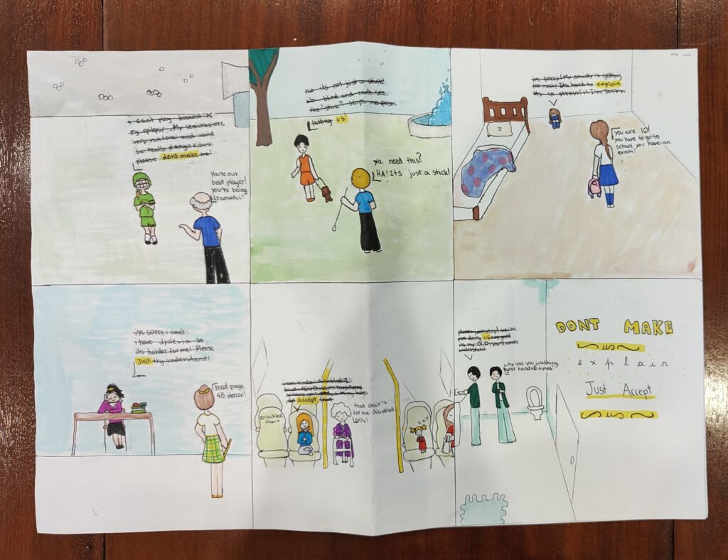 A piece of paper with children's drawings in a comic vignette shape