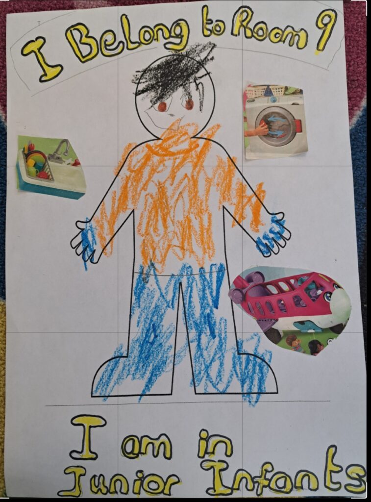 A piece of paper with collage of child's drawings and magazine clippings