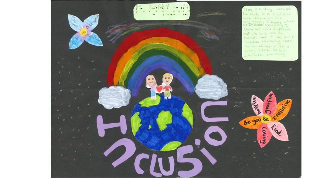 oster with a black background and the word 'Inclusion' prominently displayed, with the same caption also written in Braille, symbolizing accessibility and equality.
