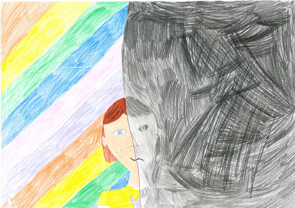Illustration of a girl with one half of her drawing filled with a vibrant rainbow and the other half in black and white, symbolizing diversity and contrasting perspectives.
